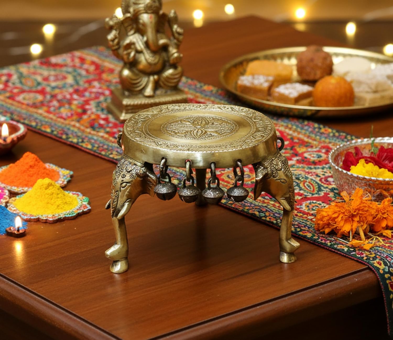 eSplanade Brass Round Mandir Chowki | Elephant Pillars Pooja God Stool with Ghungroo